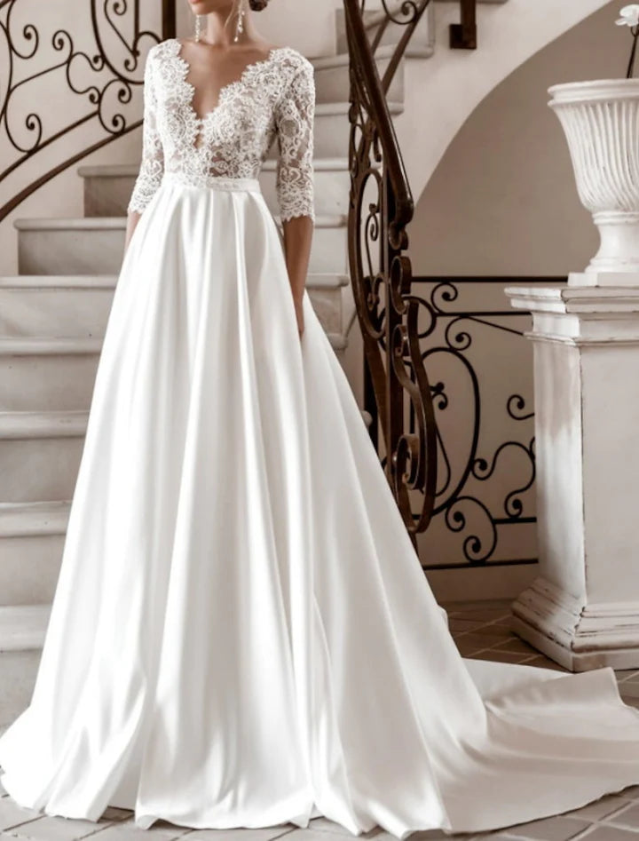 Wholesale A-Line/Princess V-Neck Floor-Length Lace Wedding Dress